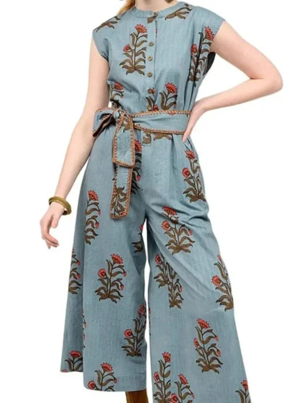 Uncle Frank by Ivy Jane Blue Floral Button-Front Tie Waist Barrel Leg Jumpsuit - Picture 13 of 13